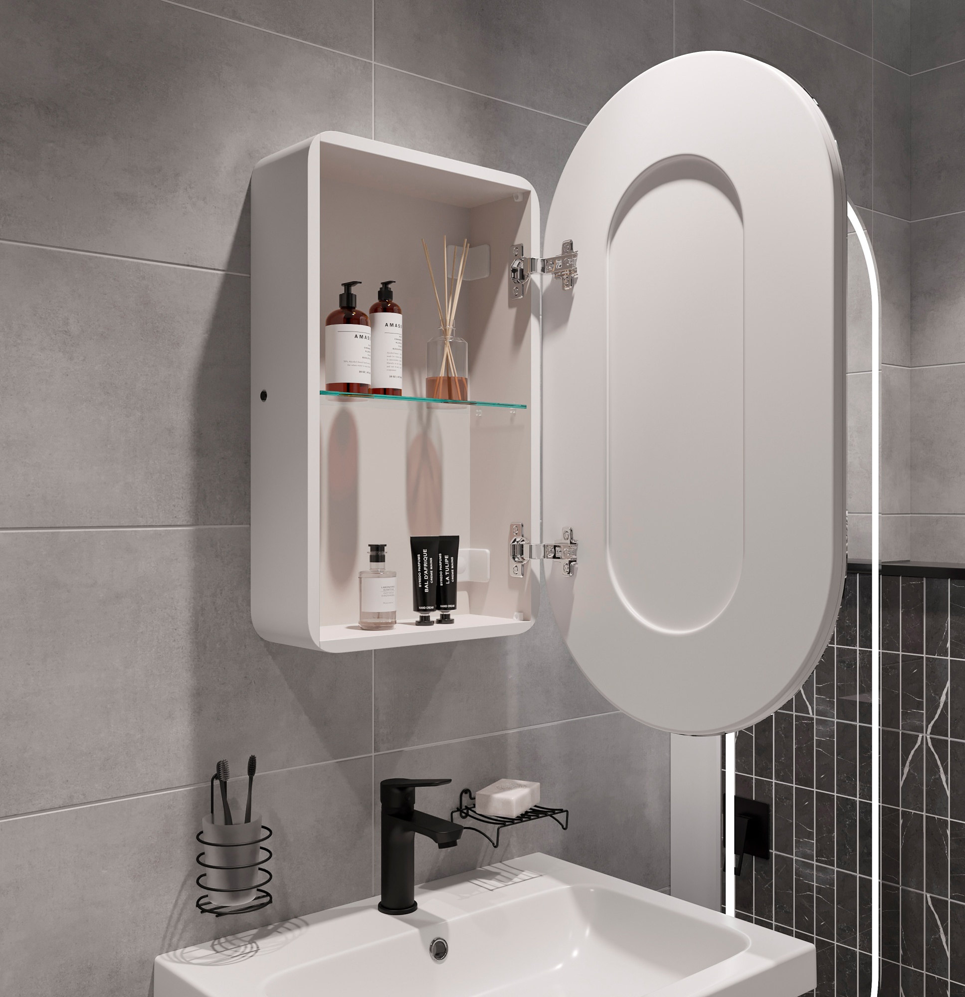 Зеркало-шкаф STWORKI Мальмё МВК074 45 с подсветкой, белый, прямоугольный, навесной, овальный, в стил