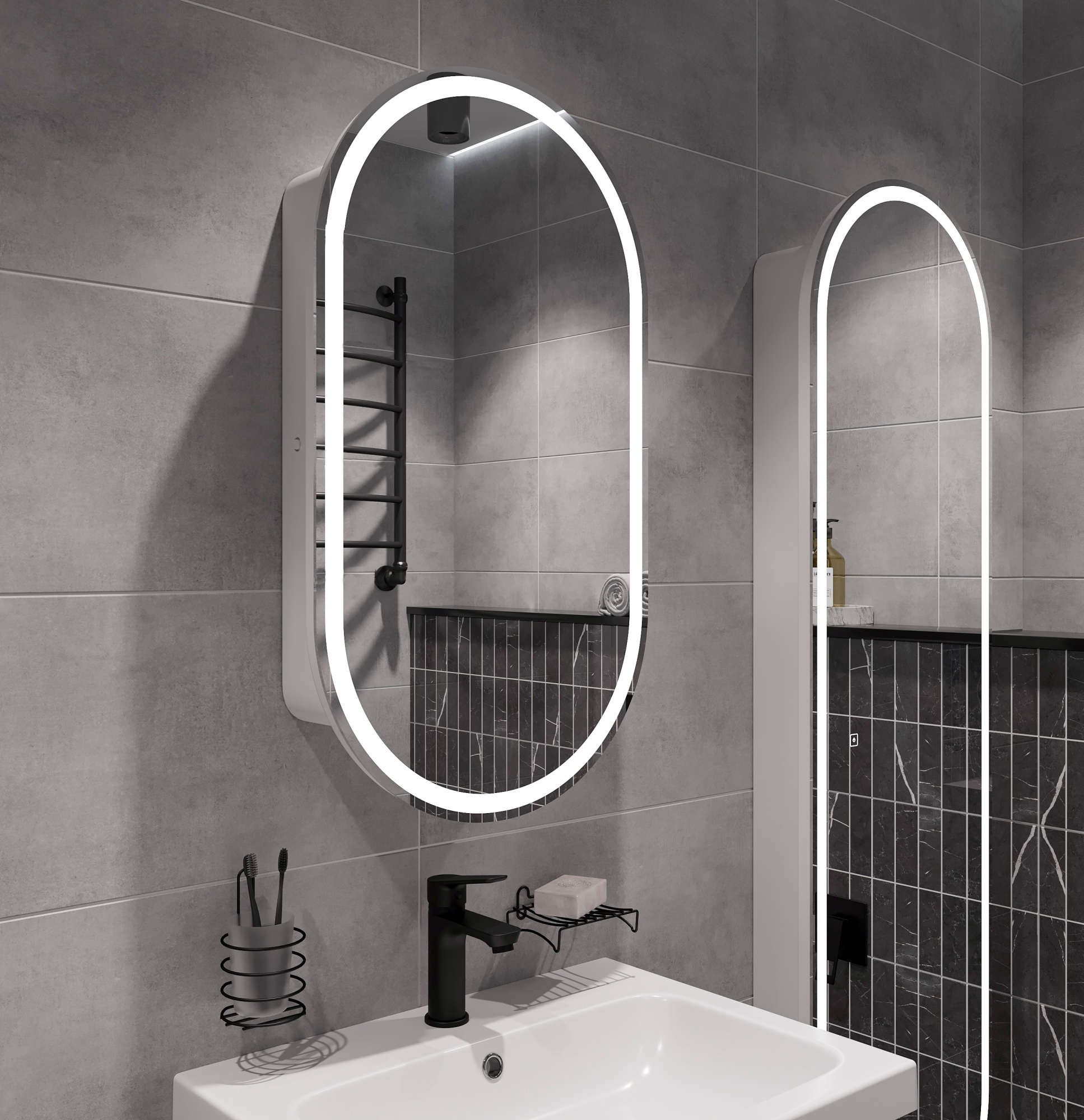 Зеркало-шкаф STWORKI Мальмё МВК074 45 с подсветкой, белый, прямоугольный, навесной, овальный, в стил