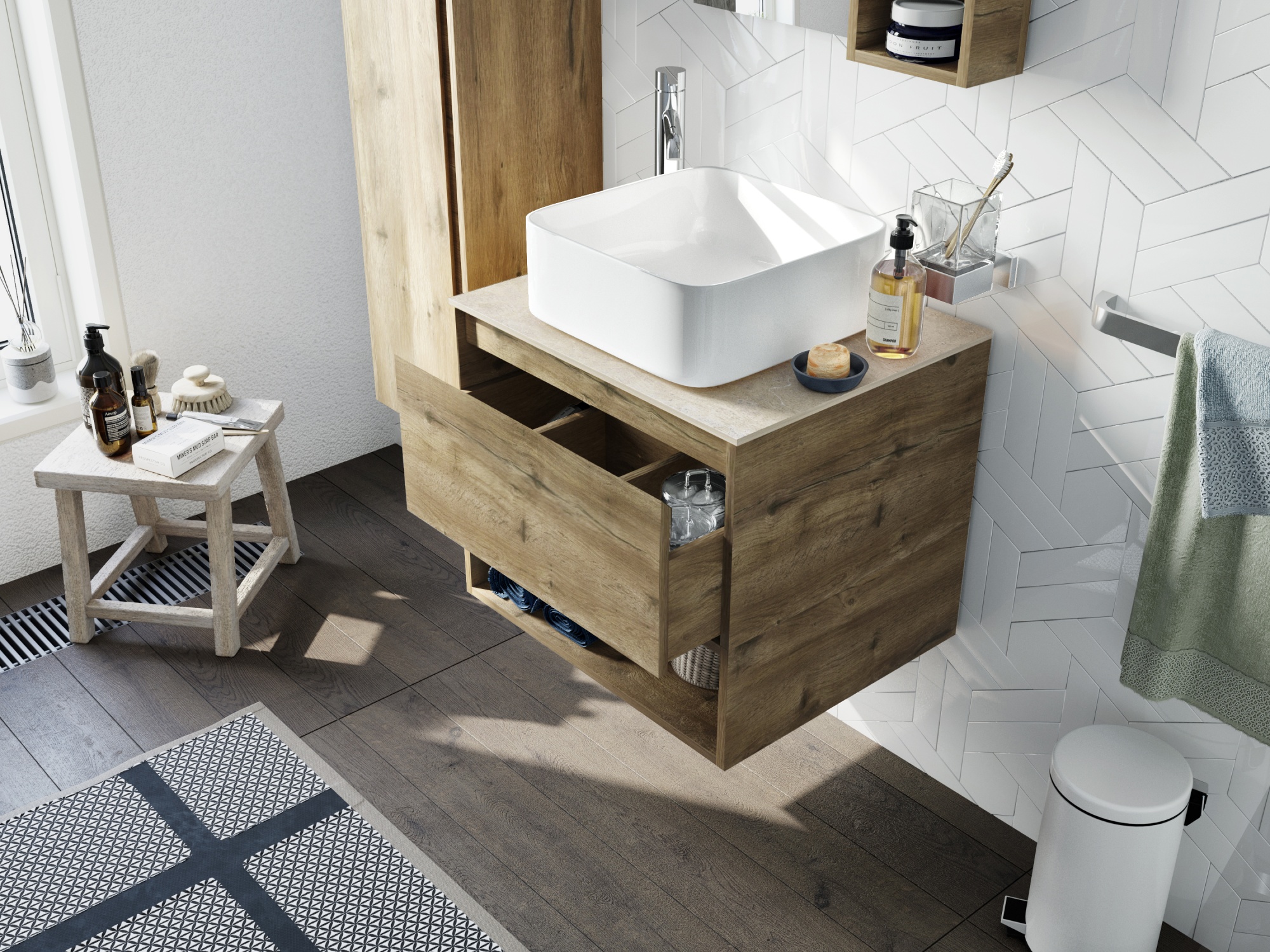 Мебель для ванной STWORKI Карлстад 60 дуб рустикальный, простоун беж, с отверстием под смеситель в с