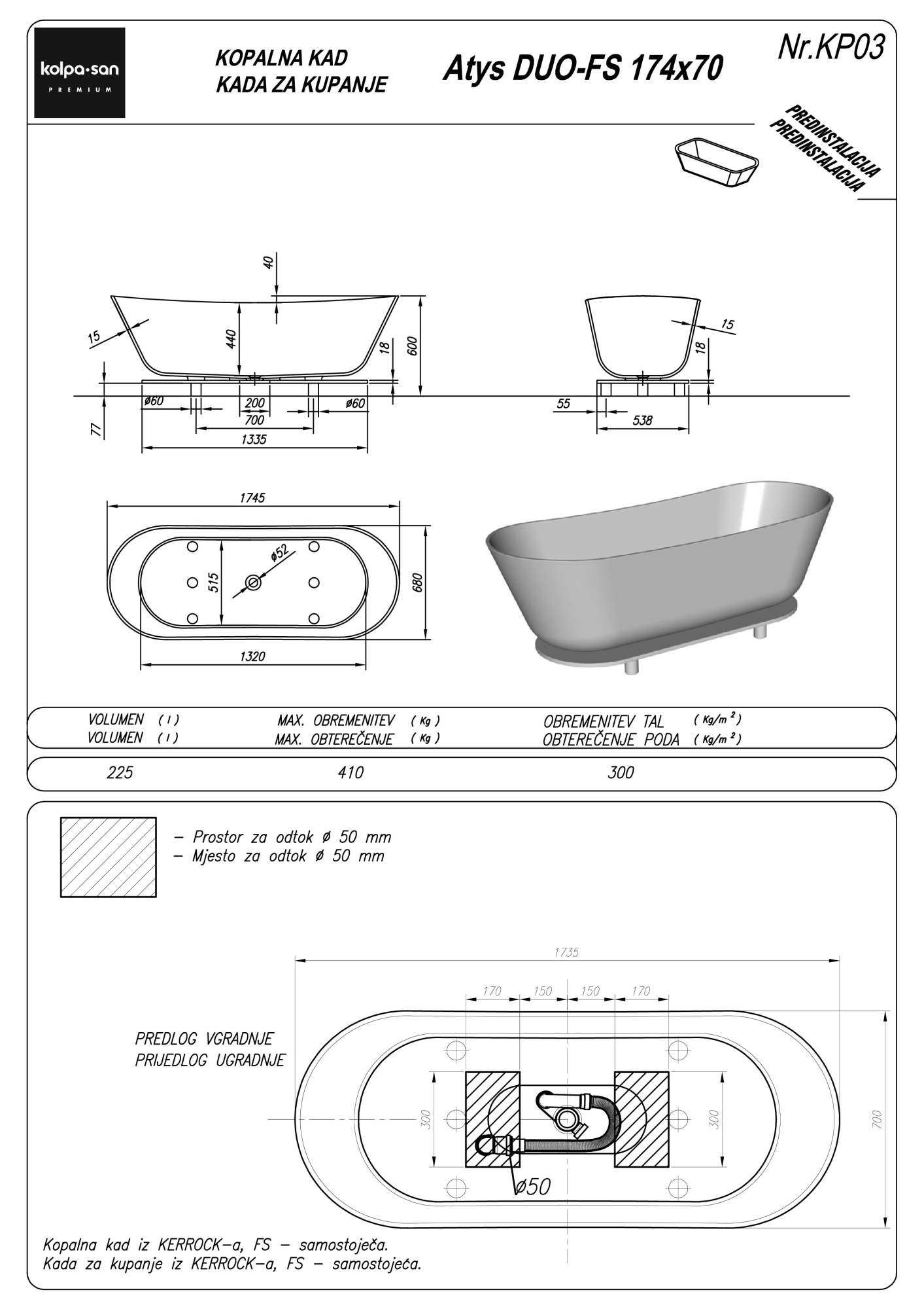 Ванна из искусственного камня Kolpa-San Atys Duo FS 174x70