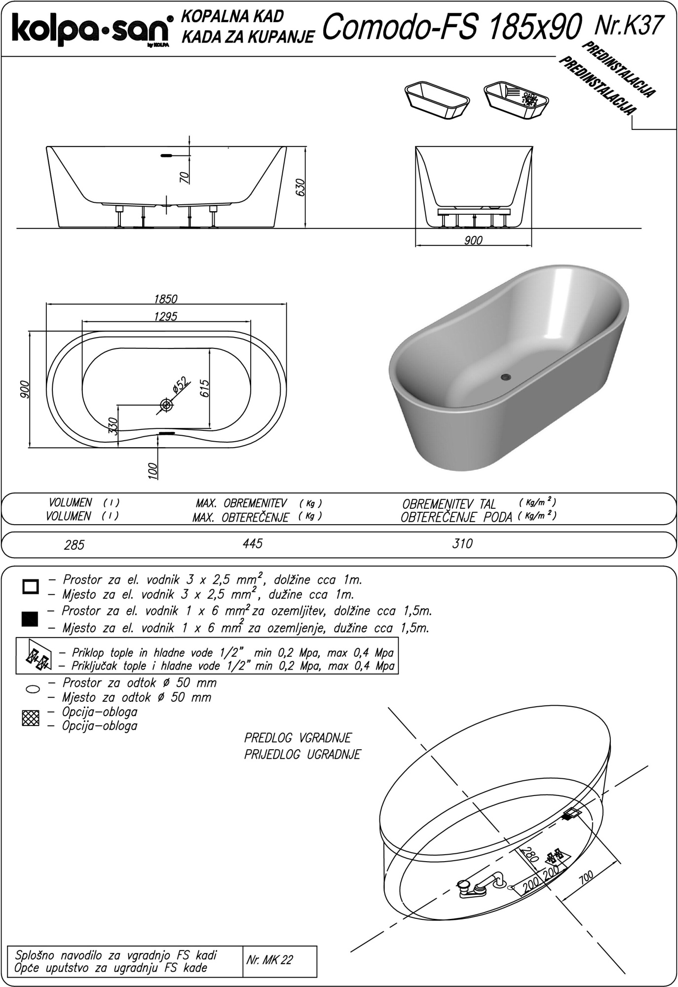 Акриловая ванна Kolpa-San Comodo FS 185x90 Blue Basis