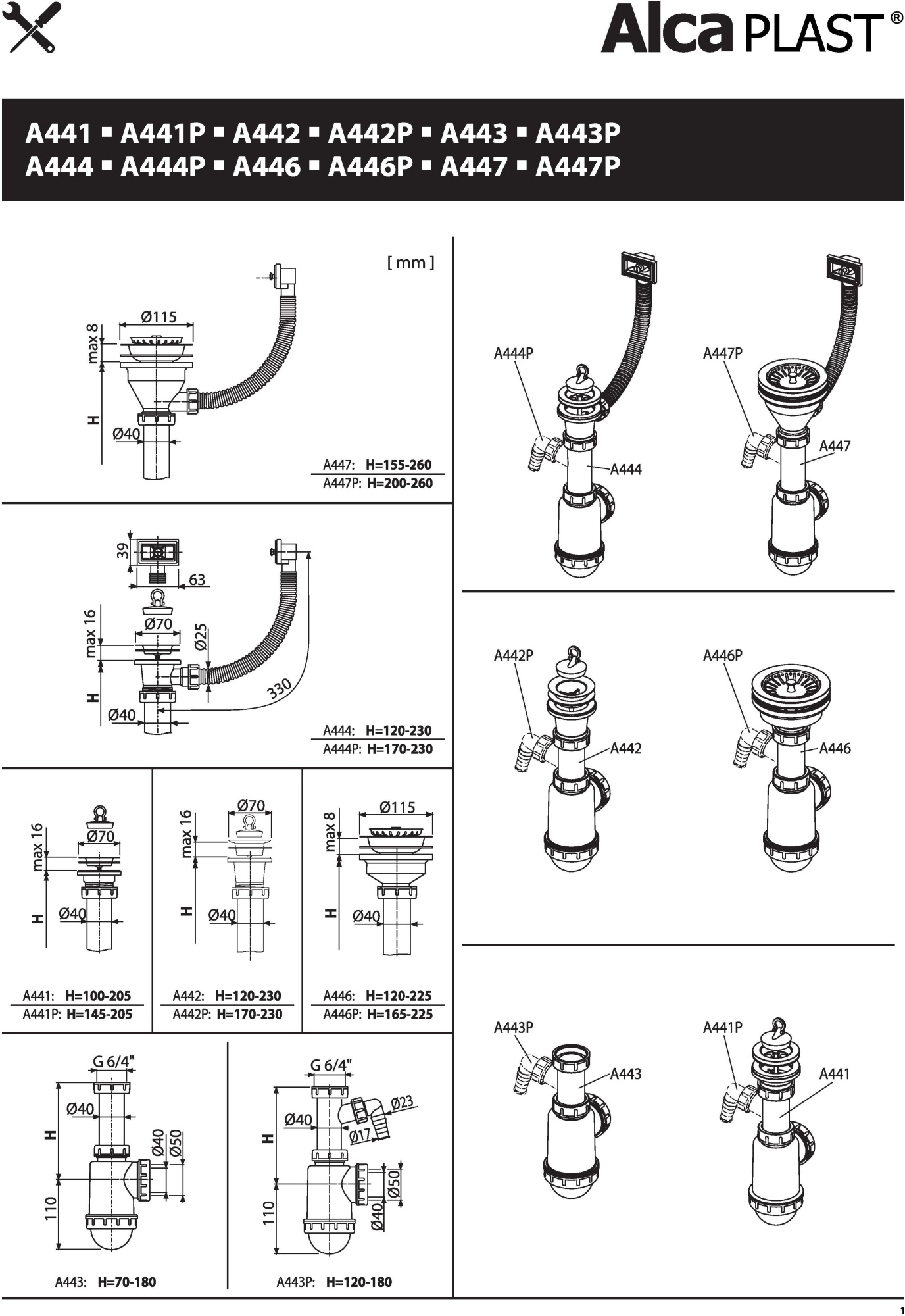 Сифон для мойки AlcaPlast A441P-DN50/40