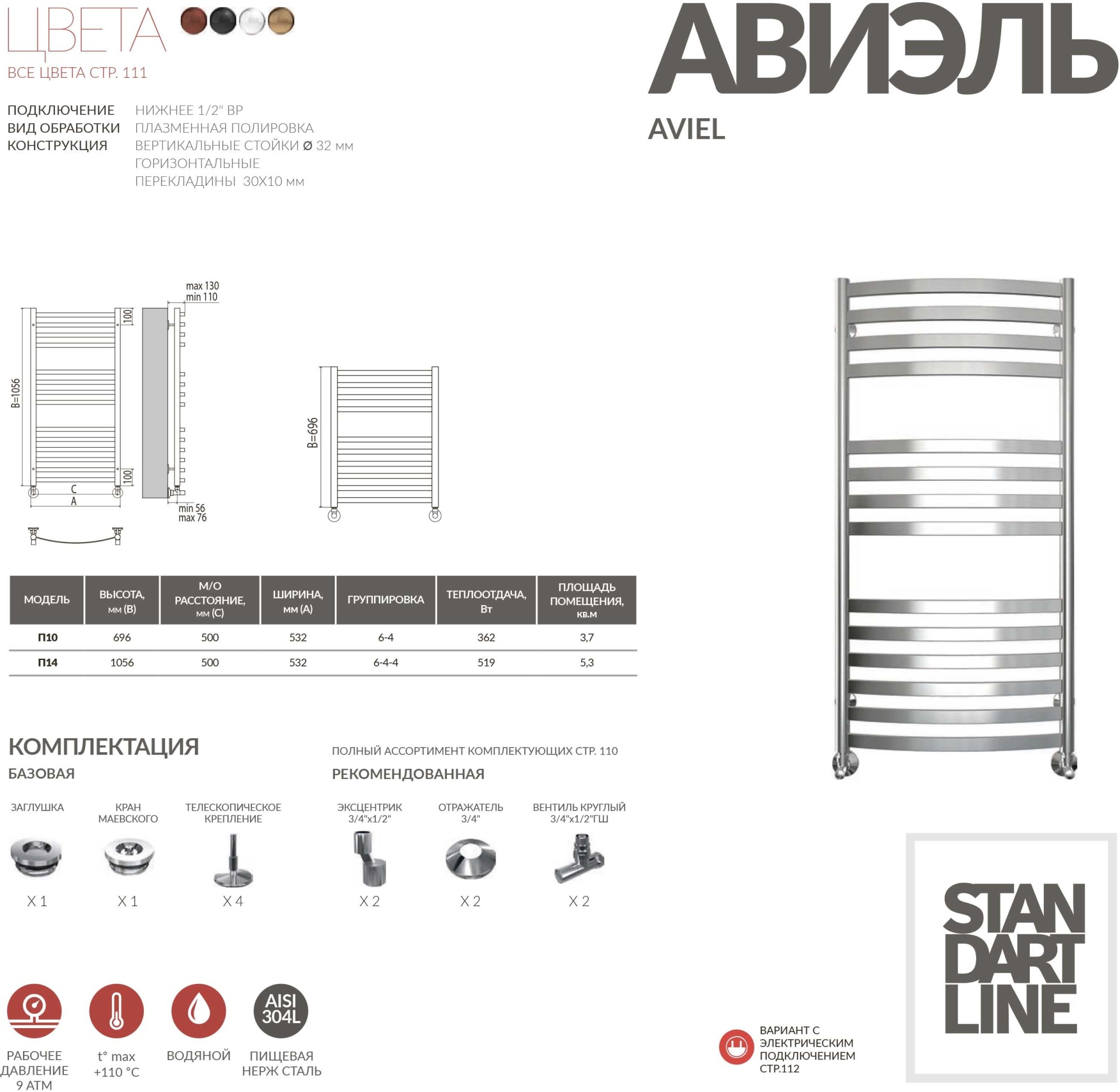 Полотенцесушитель водяной Terminus Standart Авиэль П14 50x106 black mat