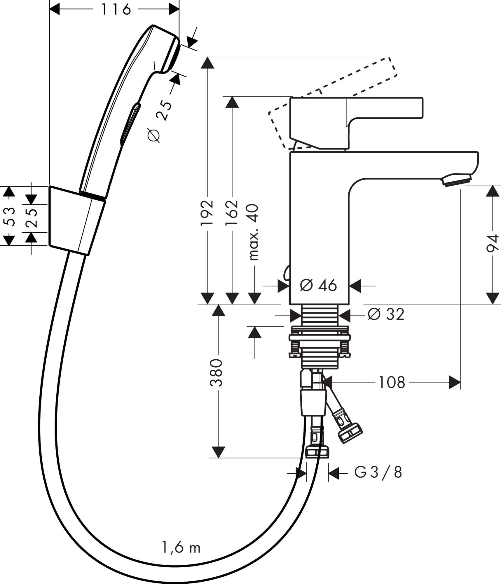 Смеситель Hansgrohe Metris S 31160000 для раковины, с гигиеническим душем