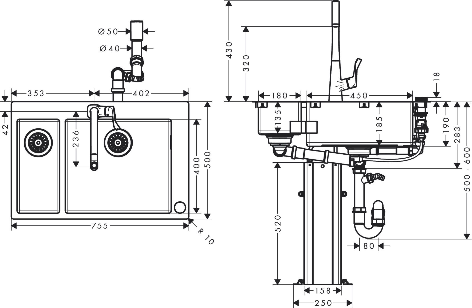 Комплект Hansgrohe Кухонная мойка со смесителем C71-F655-04 