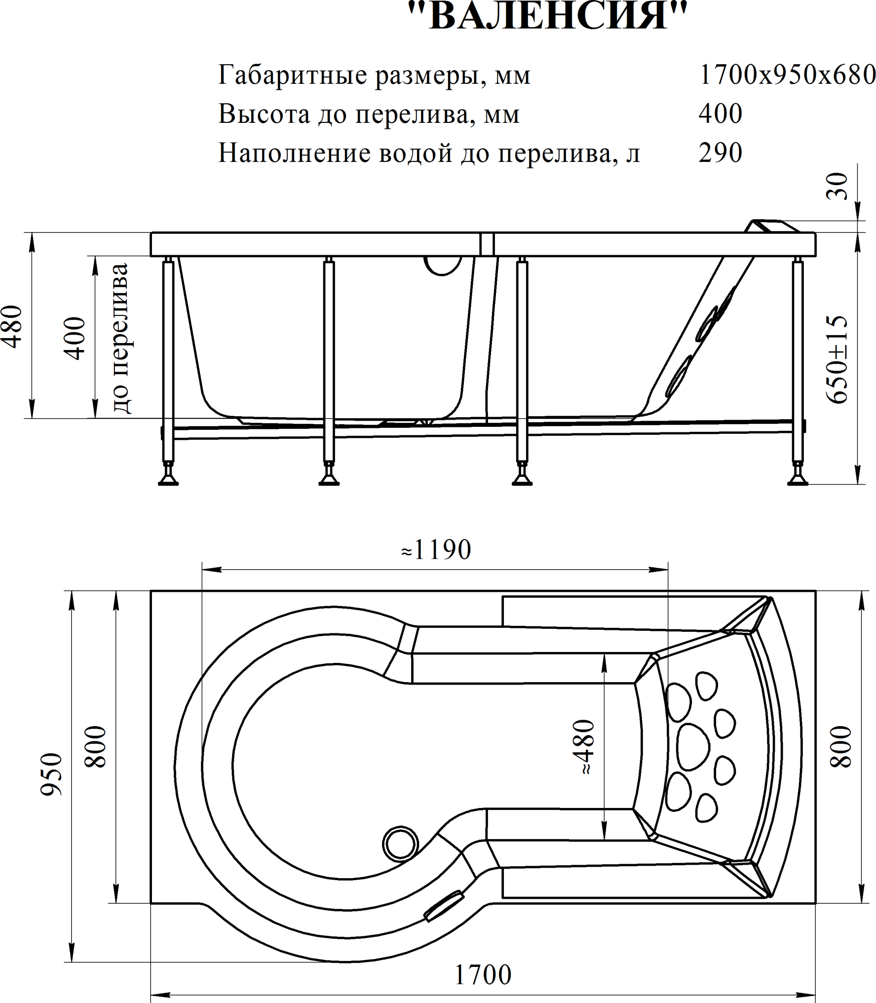 Акриловая ванна Radomir Валенсия 170x95 L