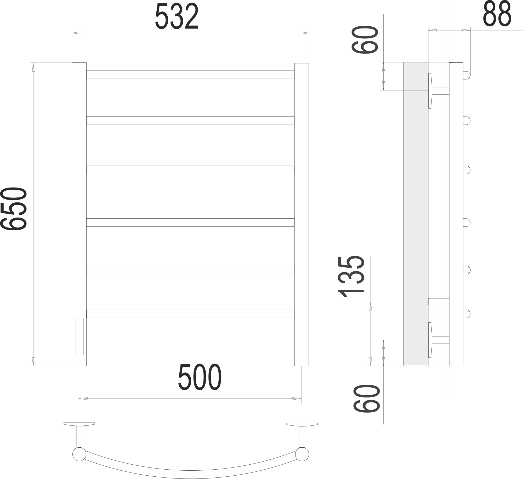 Полотенцесушитель электрический Terminus Standart Классик П6 50x65 слева