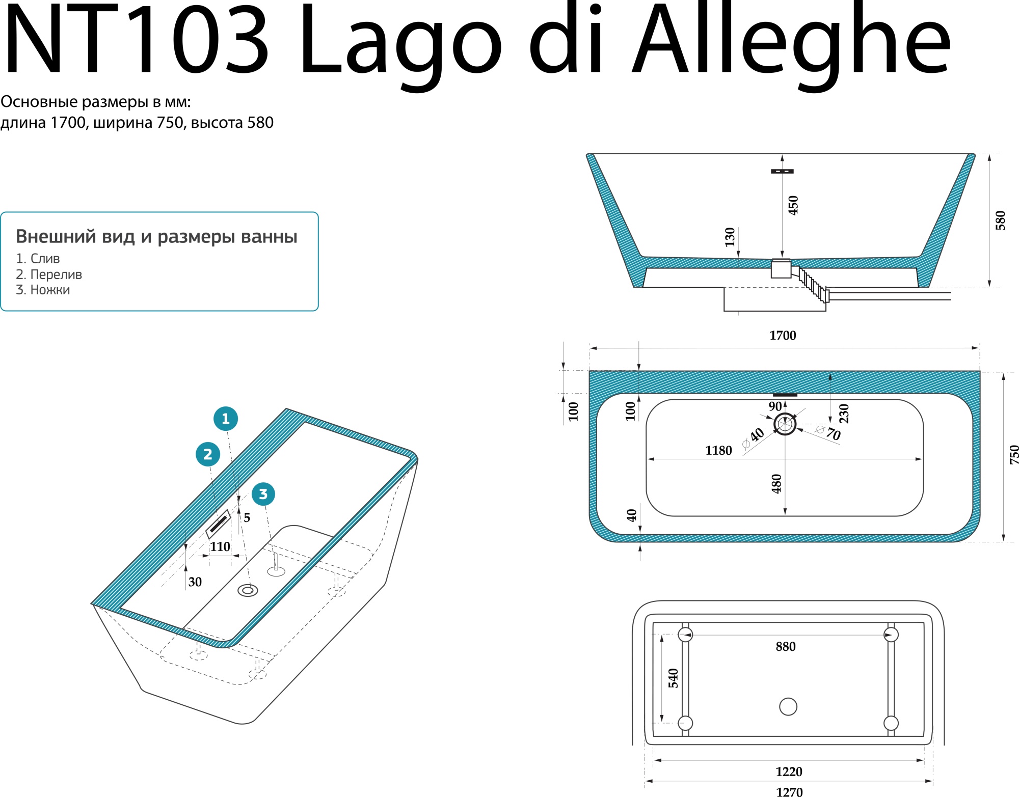 Акриловая ванна NT Bagno Lago di Alleghe NT103 170x75